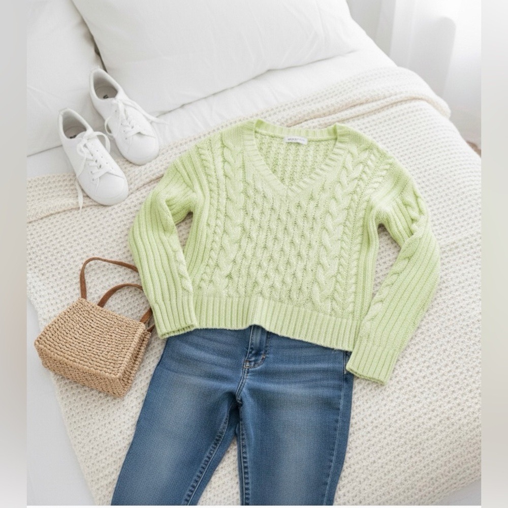 LINE The Label Cable Knit Sweater Size S M Neon Green Cotton V Neck NWT